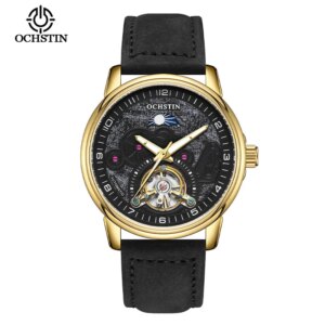 Montre mécanique automatique squelette pour homme, phase de lune, tourbillon, bracelet en cuir, grand cadran rond, boucle ardillon, étanche