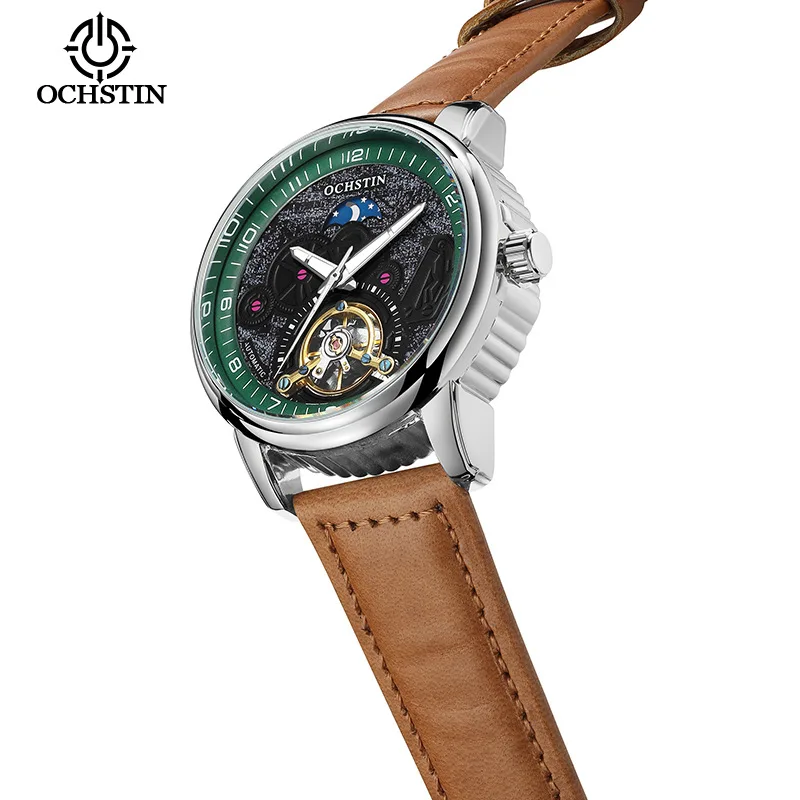 Montre mécanique automatique squelette pour homme, phase de lune, tourbillon, bracelet en cuir, grand cadran rond, boucle ardillon, étanche