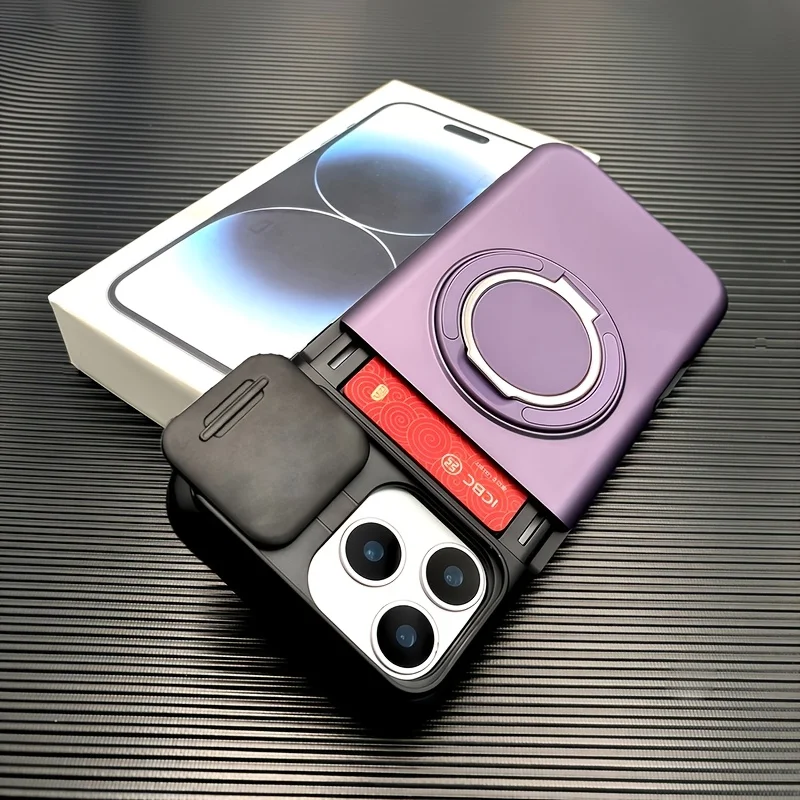 Étui de téléphone robuste avec support magnétique et porte-cartes pour iPhone 17 Pro Max 16 E 15 14 Plus 13 12 11, avec protection coulissante pour l'appareil photo