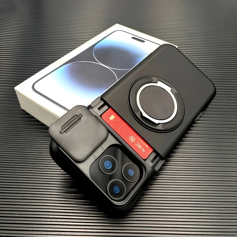 Étui de téléphone robuste avec support magnétique et porte-cartes pour iPhone 17 Pro Max 16 E 15 14 Plus 13 12 11, avec protection coulissante pour l'appareil photo