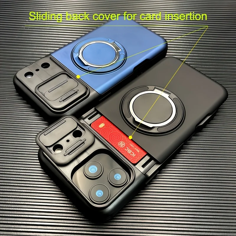 Étui de téléphone robuste avec support magnétique et porte-cartes pour iPhone 17 Pro Max 16 E 15 14 Plus 13 12 11, avec protection coulissante pour l'appareil photo