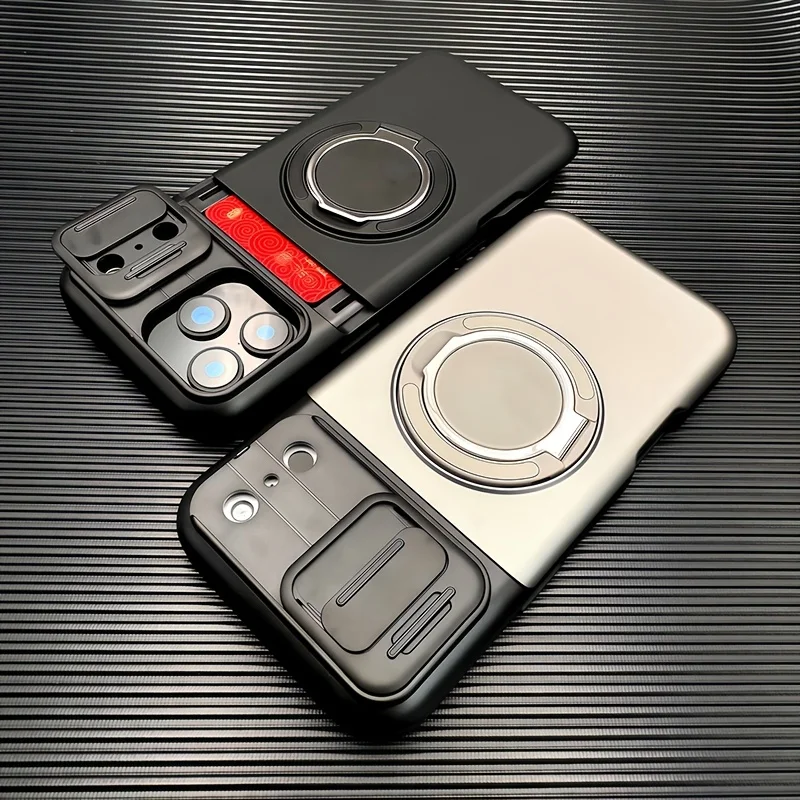 Étui de téléphone robuste avec support magnétique et porte-cartes pour iPhone 17 Pro Max 16 E 15 14 Plus 13 12 11, avec protection coulissante pour l'appareil photo