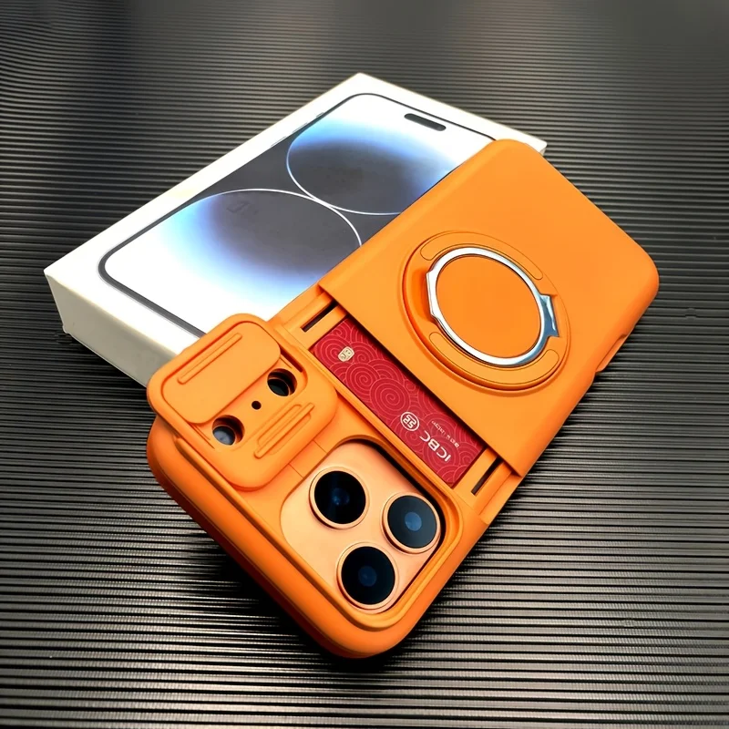 Étui de téléphone robuste avec support magnétique et porte-cartes pour iPhone 17 Pro Max 16 E 15 14 Plus 13 12 11, avec protection coulissante pour l'appareil photo