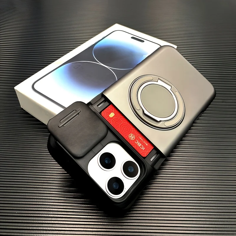 Étui de téléphone robuste avec support magnétique et porte-cartes pour iPhone 17 Pro Max 16 E 15 14 Plus 13 12 11, avec protection coulissante pour l'appareil photo