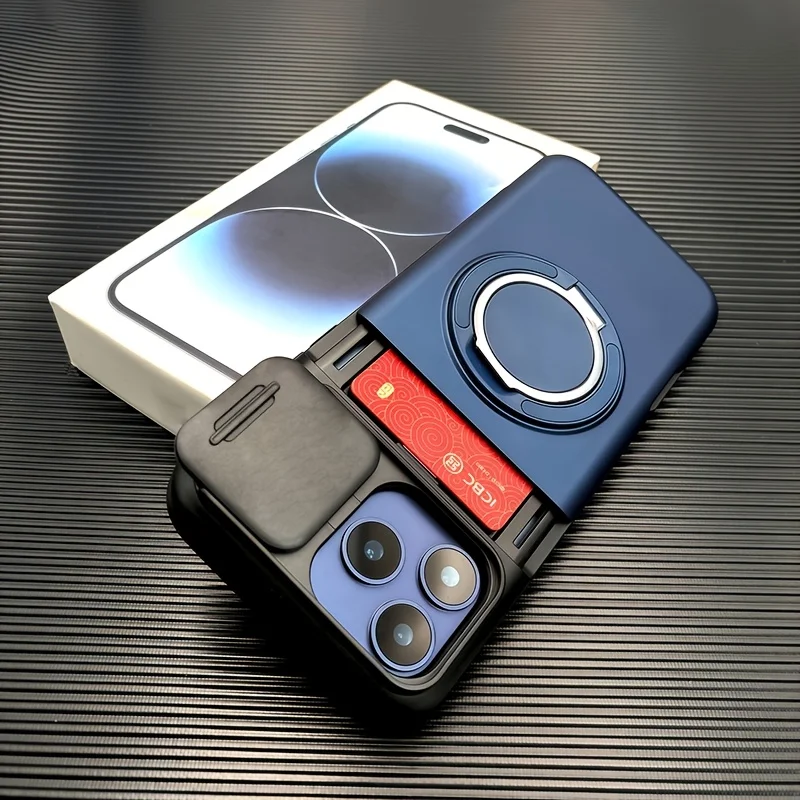 Étui de téléphone robuste avec support magnétique et porte-cartes pour iPhone 17 Pro Max 16 E 15 14 Plus 13 12 11, avec protection coulissante pour l'appareil photo