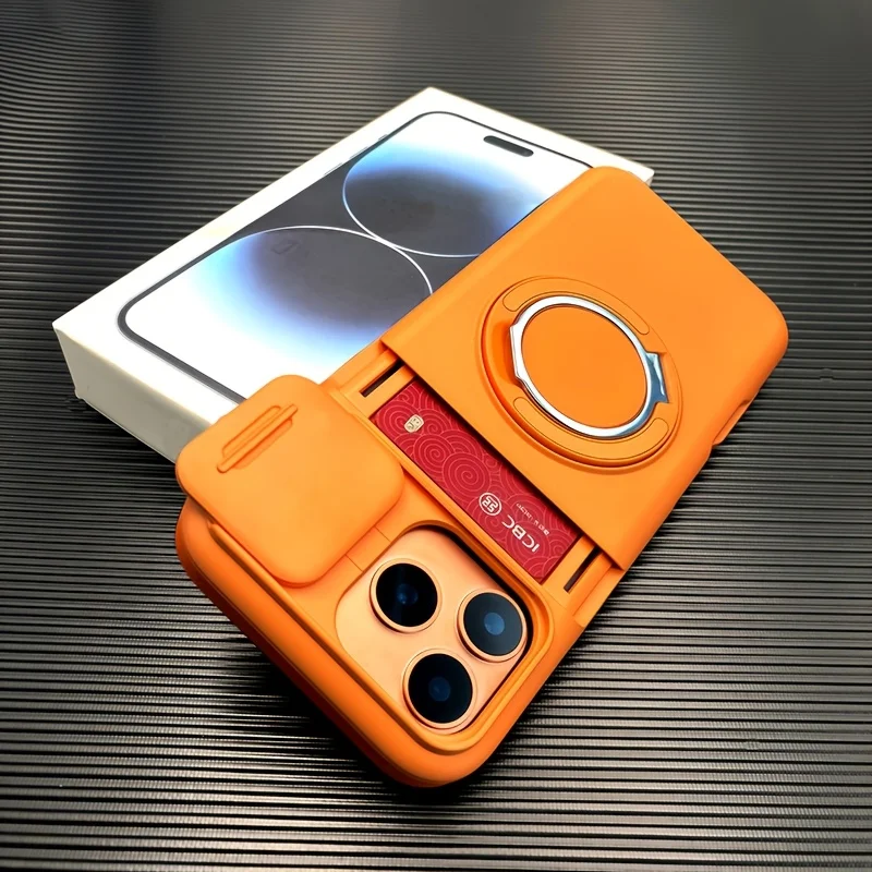 Étui de téléphone robuste avec support magnétique et porte-cartes pour iPhone 17 Pro Max 16 E 15 14 Plus 13 12 11, avec protection coulissante pour l'appareil photo