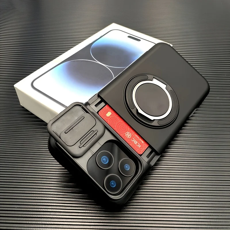Étui de téléphone robuste avec support magnétique et porte-cartes pour iPhone 17 Pro Max 16 E 15 14 Plus 13 12 11, avec protection coulissante pour l'appareil photo