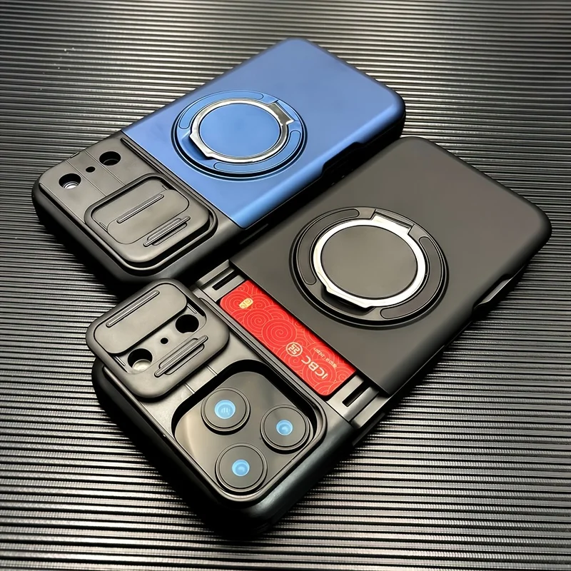Étui de téléphone robuste avec support magnétique et porte-cartes pour iPhone 17 Pro Max 16 E 15 14 Plus 13 12 11, avec protection coulissante pour l'appareil photo