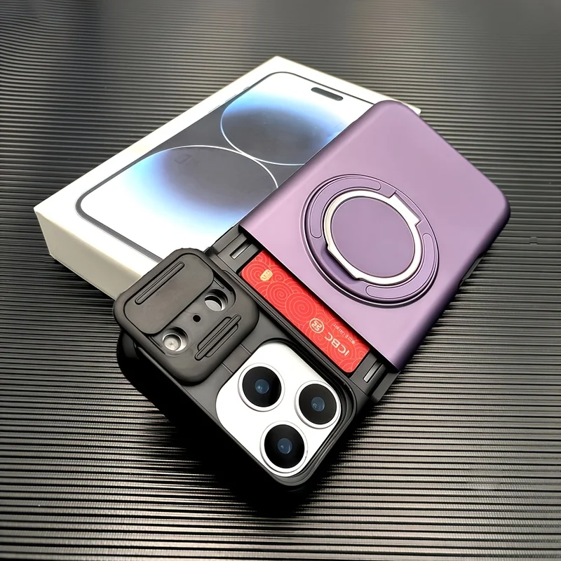 Étui de téléphone robuste avec support magnétique et porte-cartes pour iPhone 17 Pro Max 16 E 15 14 Plus 13 12 11, avec protection coulissante pour l'appareil photo