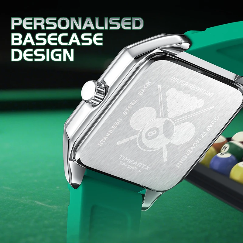 Montre Homme Carré Table de Billard Vert Quartz Étanche 30M Silicone Argenté – Image 4