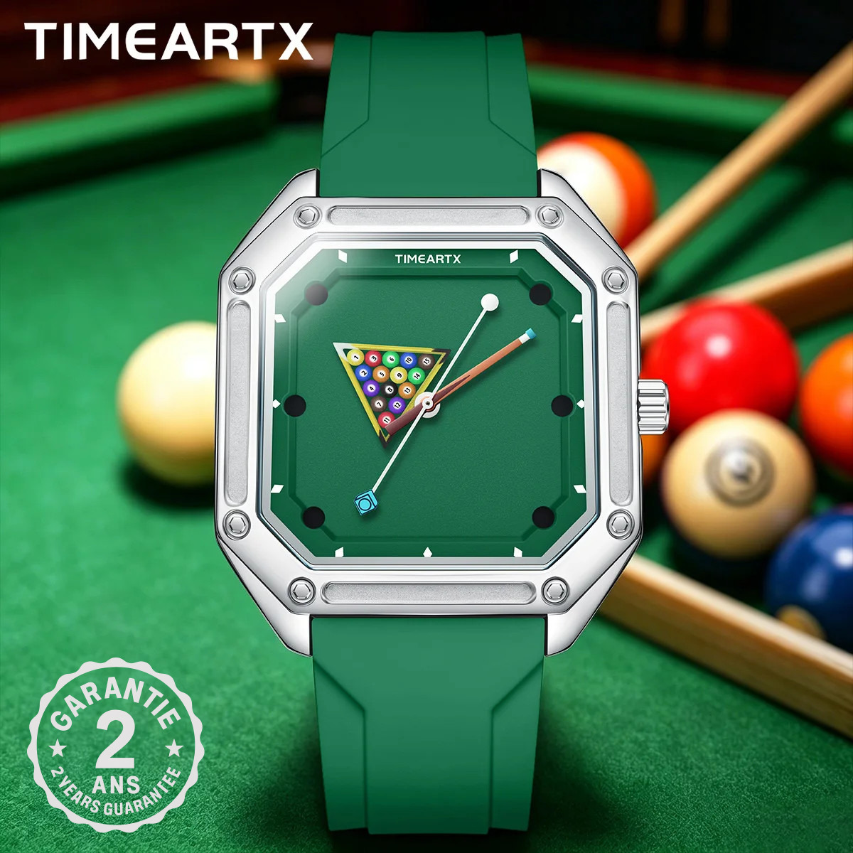 Montre Homme Carré Table de Billard Vert Quartz Étanche 30M Silicone Argenté