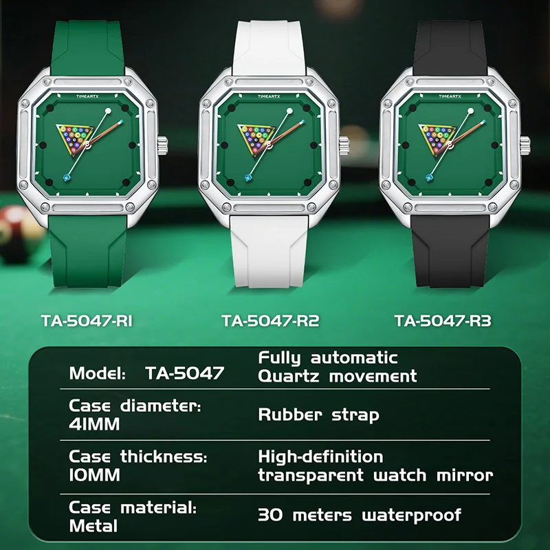 Montre Homme Carré Table de Billard Vert Quartz Étanche 30M Silicone Argenté – Image 2