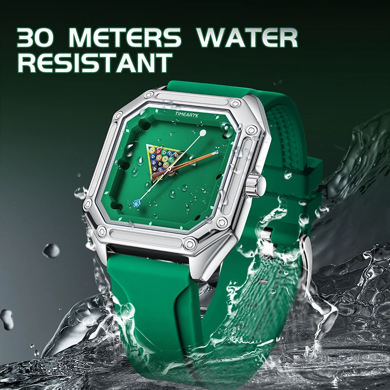 Montre Homme Carré Table de Billard Vert Quartz Étanche 30M Silicone Argenté – Image 5