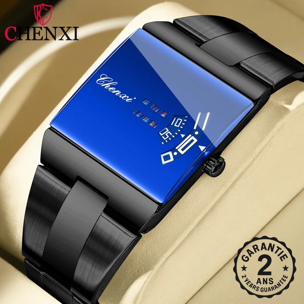 Montre Homme Carrée Quartz Bleu Cadran Noir Acier Inox Flat Screen Mini Zone
