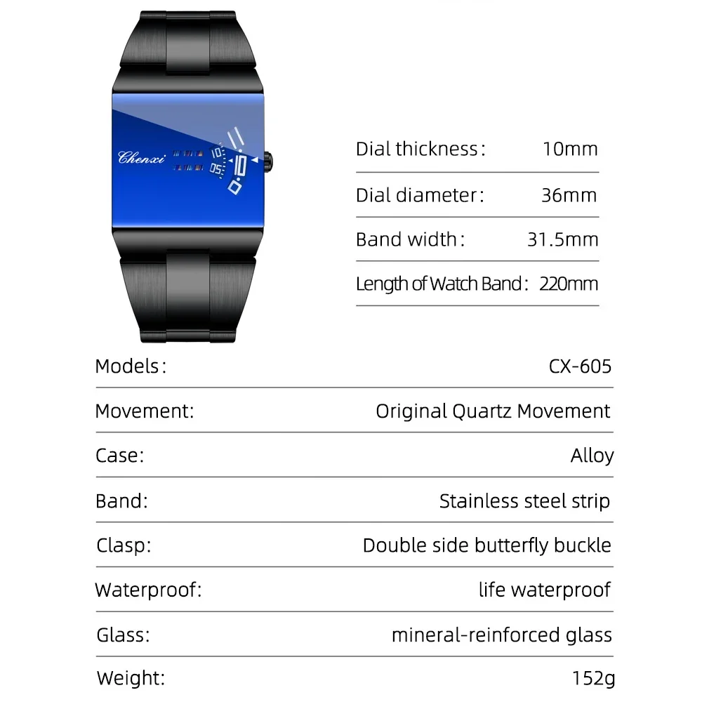 Montre Homme Carrée Quartz Bleu Cadran Noir Acier Inox Flat Screen Mini Zone – Image 3