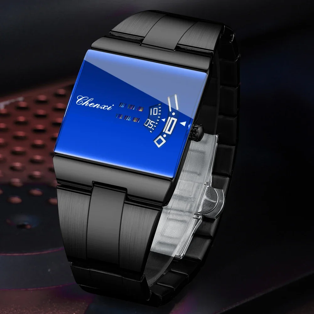 Montre Homme Carrée Quartz Bleu Cadran Noir Acier Inox Flat Screen Mini Zone – Image 2