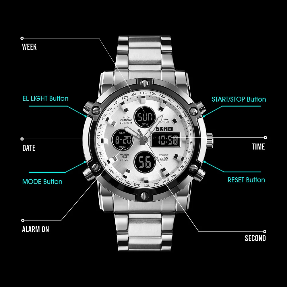 Montre Homme Digitale Aiguilles Multifonctions Acier Chronographe Numérique – Image 5
