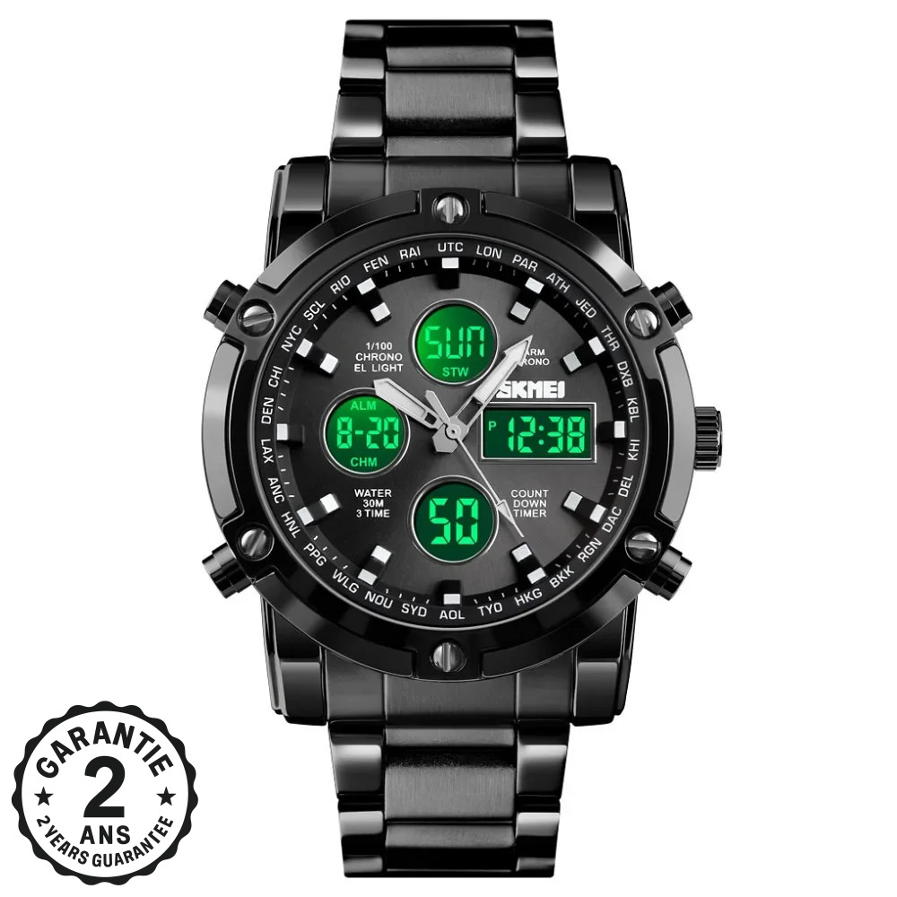 Montre Homme Digitale Aiguilles Multifonctions Acier Chronographe Numérique