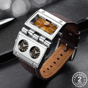 Montre Homme Quartz Acier Cuir Rectangle 3 Cadrans 3 Fuseaux Horaires Pliable