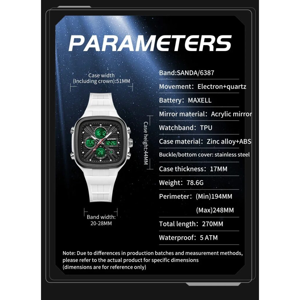 Montre Homme Carrée Analogique Numérique Alarme Électron Quartz 5ATM Sport – Image 2