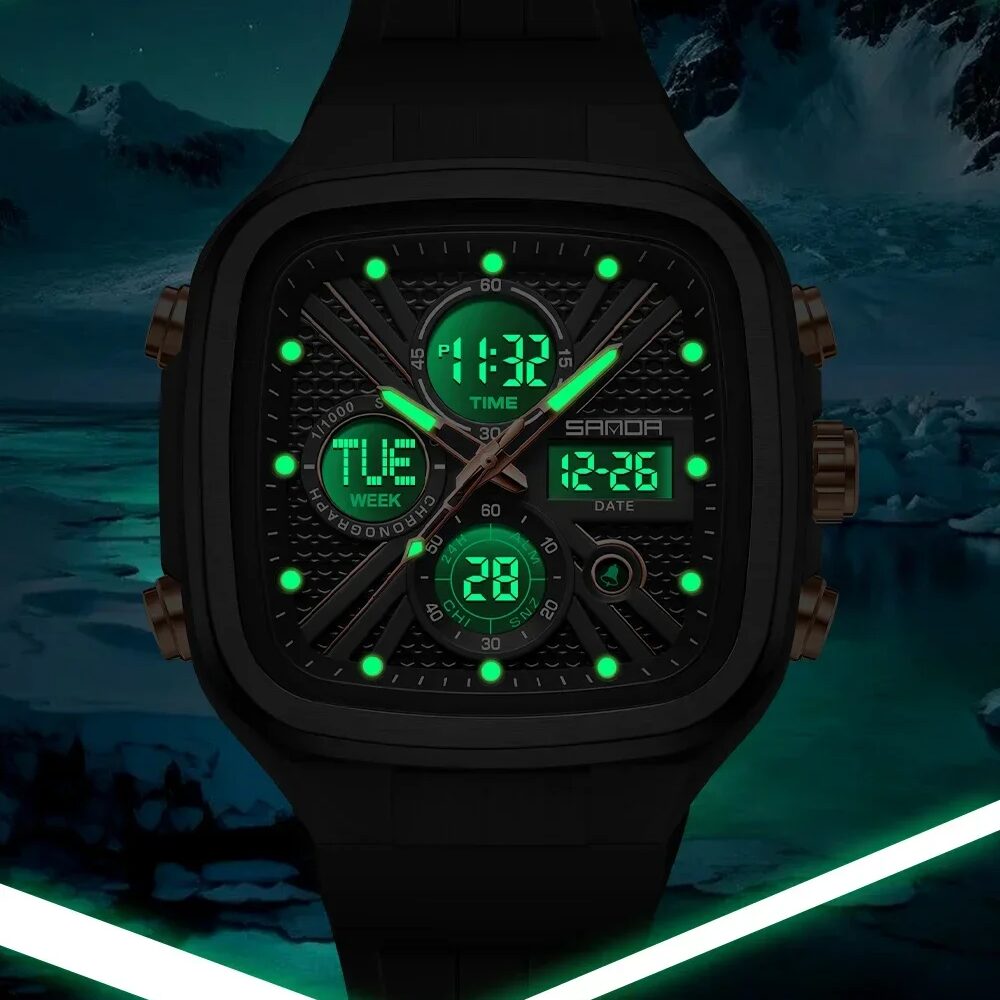 Montre Homme Carrée Analogique Numérique Alarme Électron Quartz 5ATM Sport – Image 8
