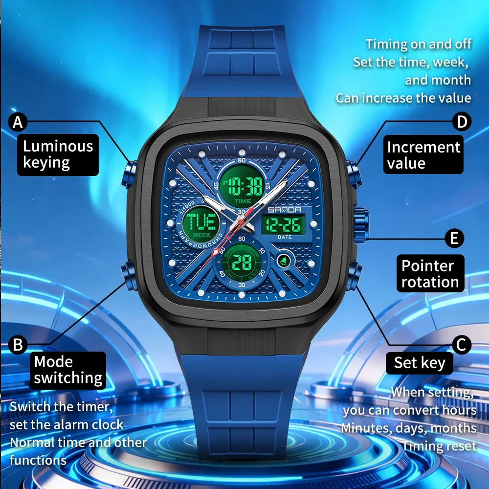Montre Homme Carrée Analogique Numérique Alarme Électron Quartz 5ATM Sport – Image 3