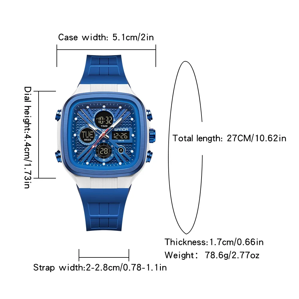 Montre Homme Carrée Analogique Numérique Alarme Électron Quartz 5ATM Sport – Image 4