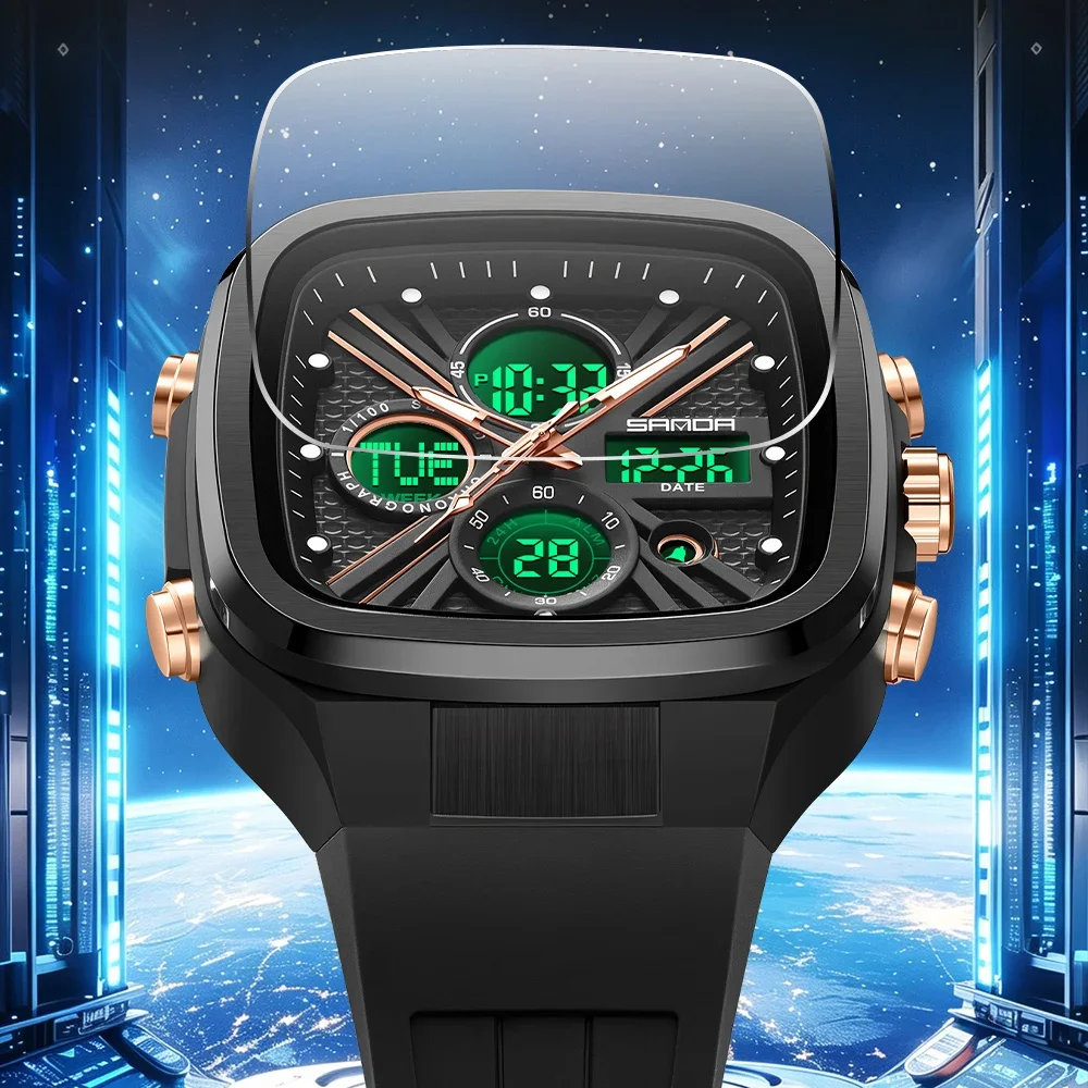 Montre Homme Carrée Analogique Numérique Alarme Électron Quartz 5ATM Sport – Image 6