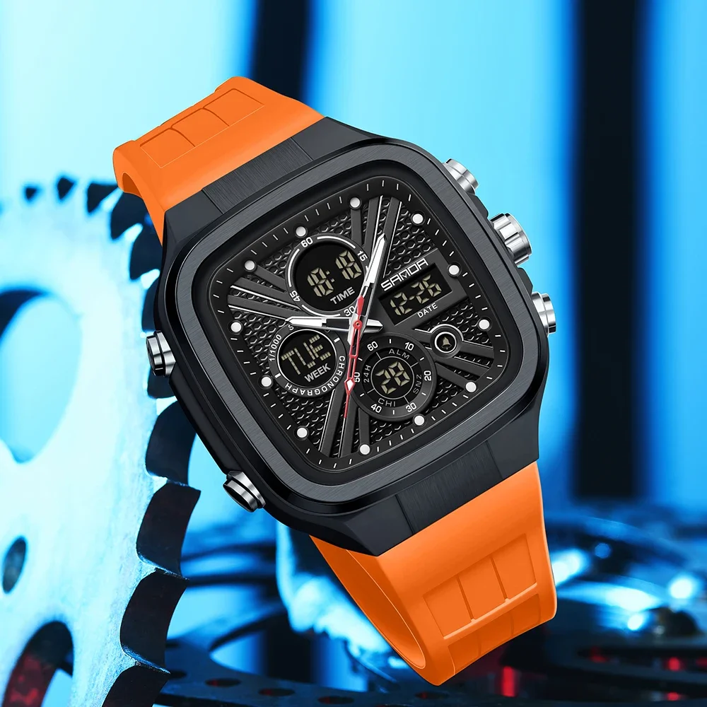 Montre Homme Carrée Analogique Numérique Alarme Électron Quartz 5ATM Sport – Image 5