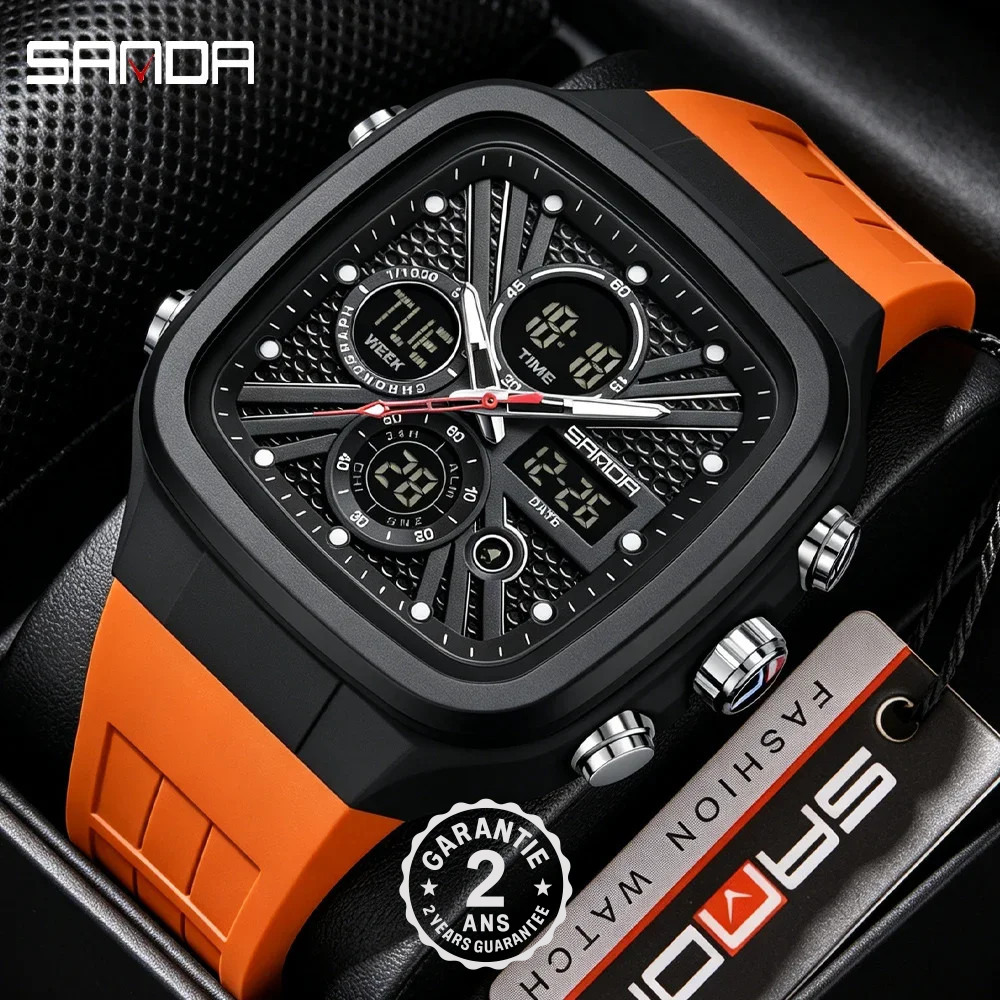 Montre Homme Carrée Analogique Numérique Alarme Électron Quartz 5ATM Sport