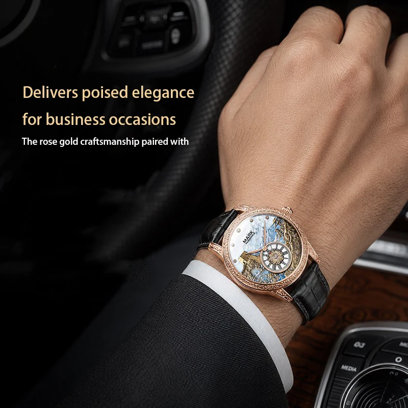 Montre Homme Automatique Muraille de Chine Cuir Noir Doré Rose Chiffres Romains – Image 6