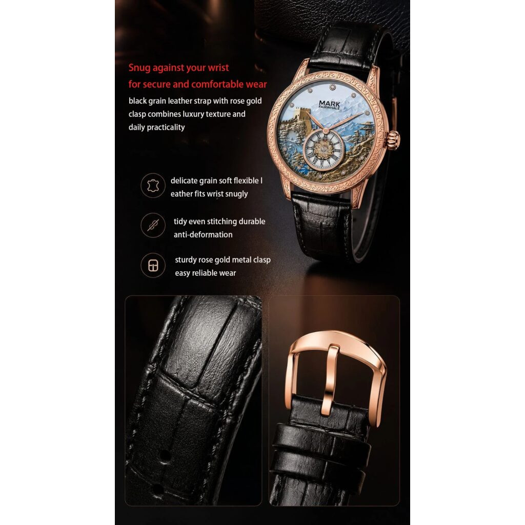 Montre Homme Automatique Muraille de Chine Cuir Noir Doré Rose Chiffres Romains – Image 9