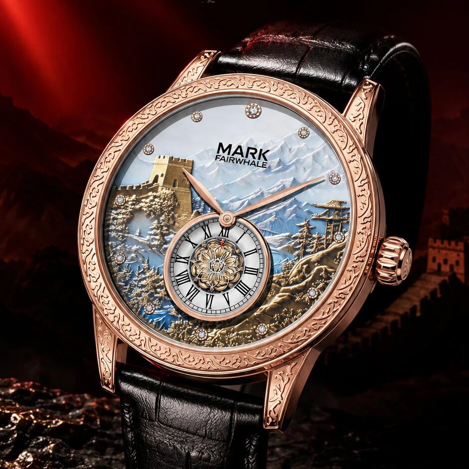 Montre Homme Automatique Muraille de Chine Cuir Noir Doré Rose Chiffres Romains – Image 7