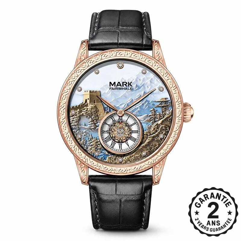 Montre Homme Automatique Muraille de Chine Cuir Noir Doré Rose Chiffres Romains