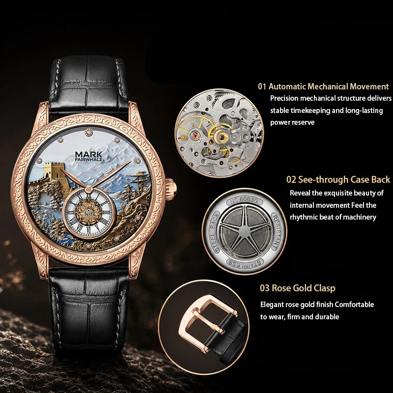 Montre Homme Automatique Muraille de Chine Cuir Noir Doré Rose Chiffres Romains – Image 3