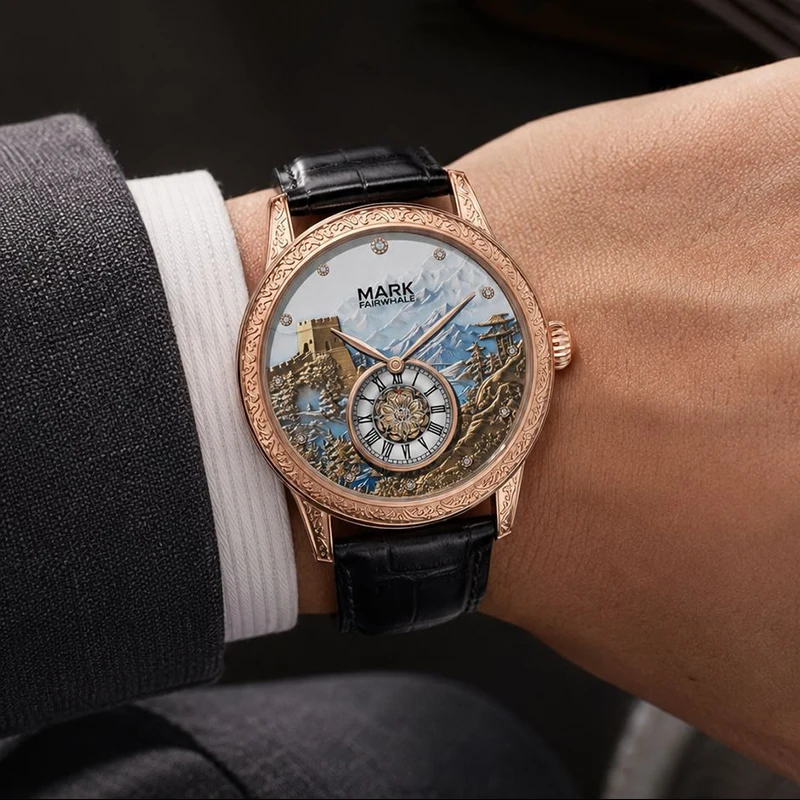 Montre Homme Automatique Muraille de Chine Cuir Noir Doré Rose Chiffres Romains – Image 4