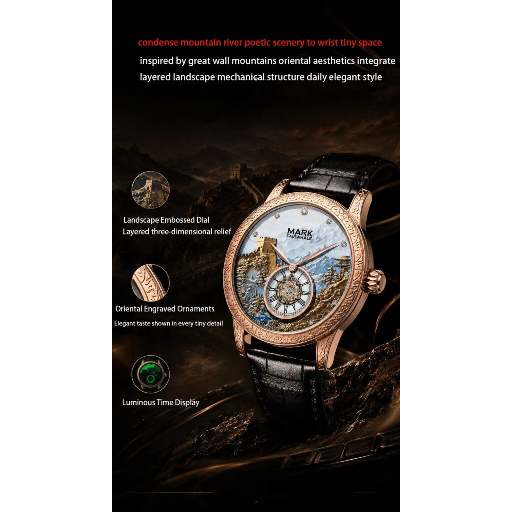 Montre Homme Automatique Muraille de Chine Cuir Noir Doré Rose Chiffres Romains – Image 8