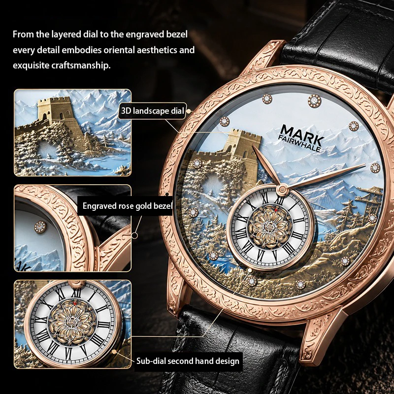 Montre Homme Automatique Muraille de Chine Cuir Noir Doré Rose Chiffres Romains – Image 2