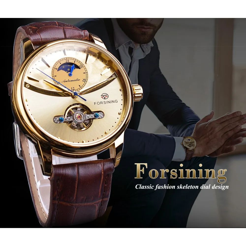 Montre Homme Automatique Tourbillon Phase de Lune Acier Cuir Curved Line Classe – Image 4