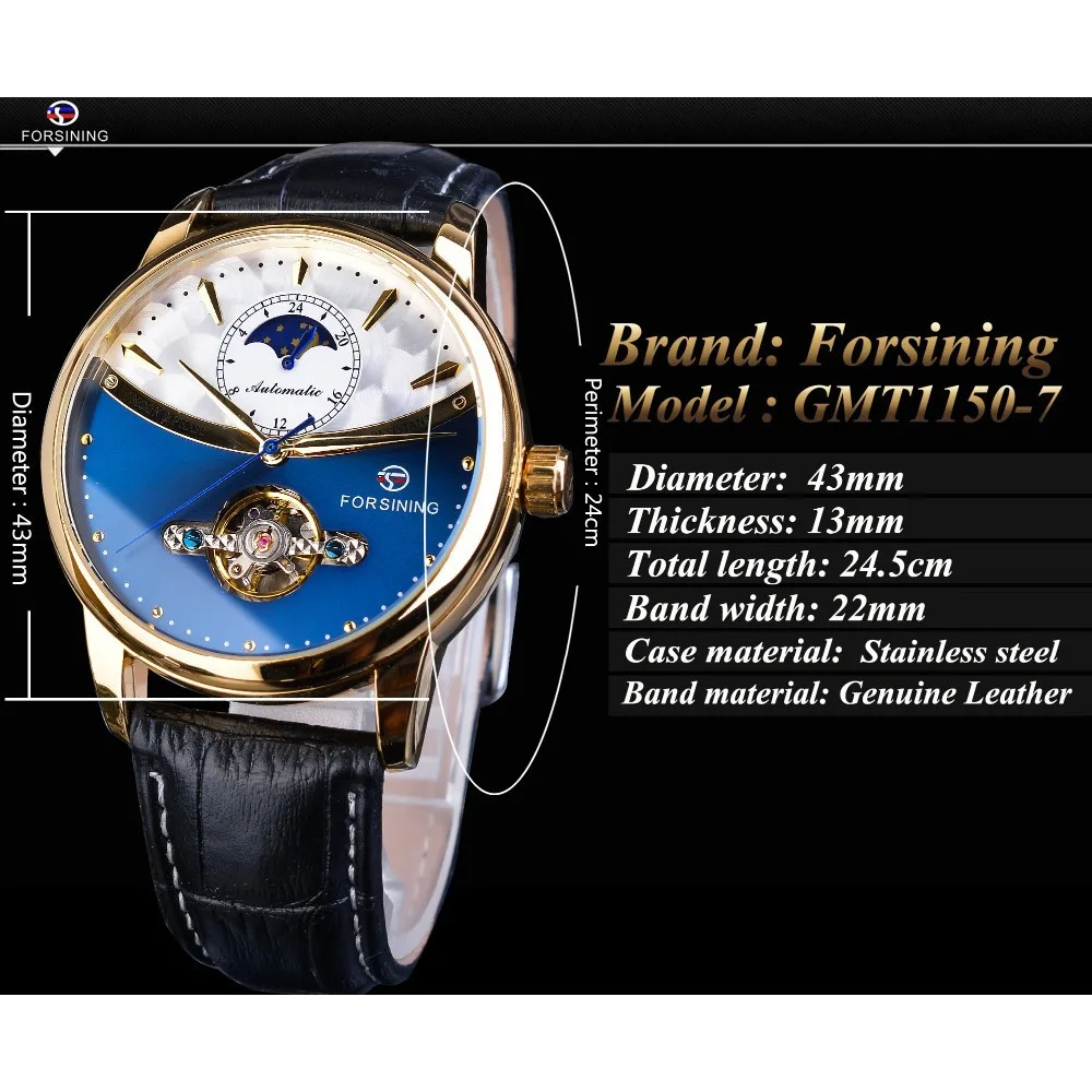 Montre Homme Automatique Tourbillon Phase de Lune Acier Cuir Curved Line Classe – Image 5