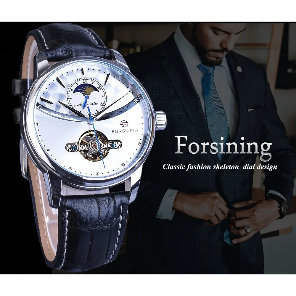 Montre Homme Automatique Tourbillon Phase de Lune Acier Cuir Curved Line Classe – Image 2