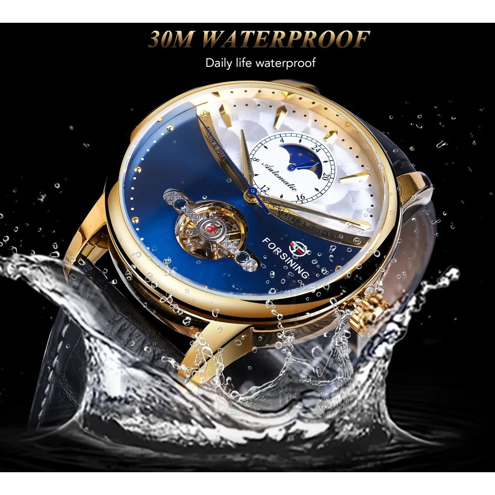 Montre Homme Automatique Tourbillon Phase de Lune Acier Cuir Curved Line Classe – Image 3