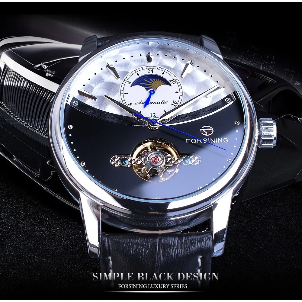 Montre Homme Automatique Tourbillon Phase de Lune Acier Cuir Curved Line Classe – Image 6
