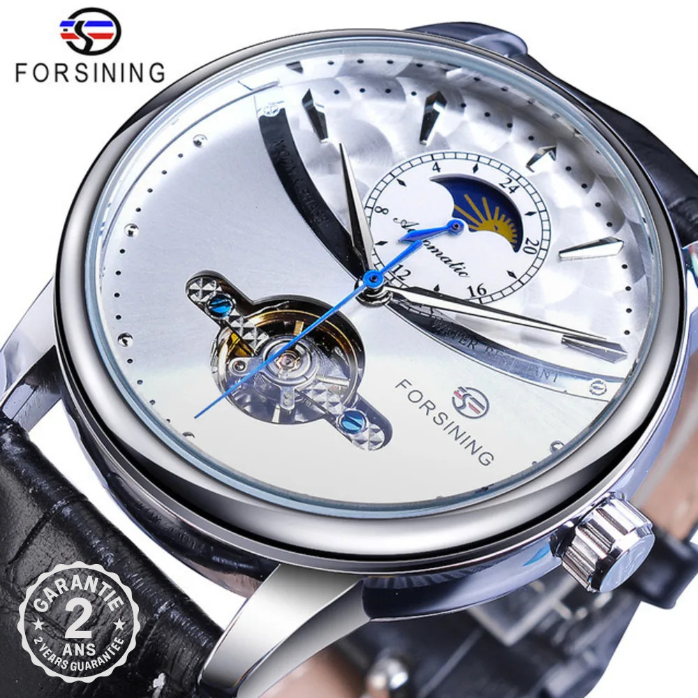 Montre Homme Automatique Tourbillon Phase de Lune Acier Cuir Curved Line Classe