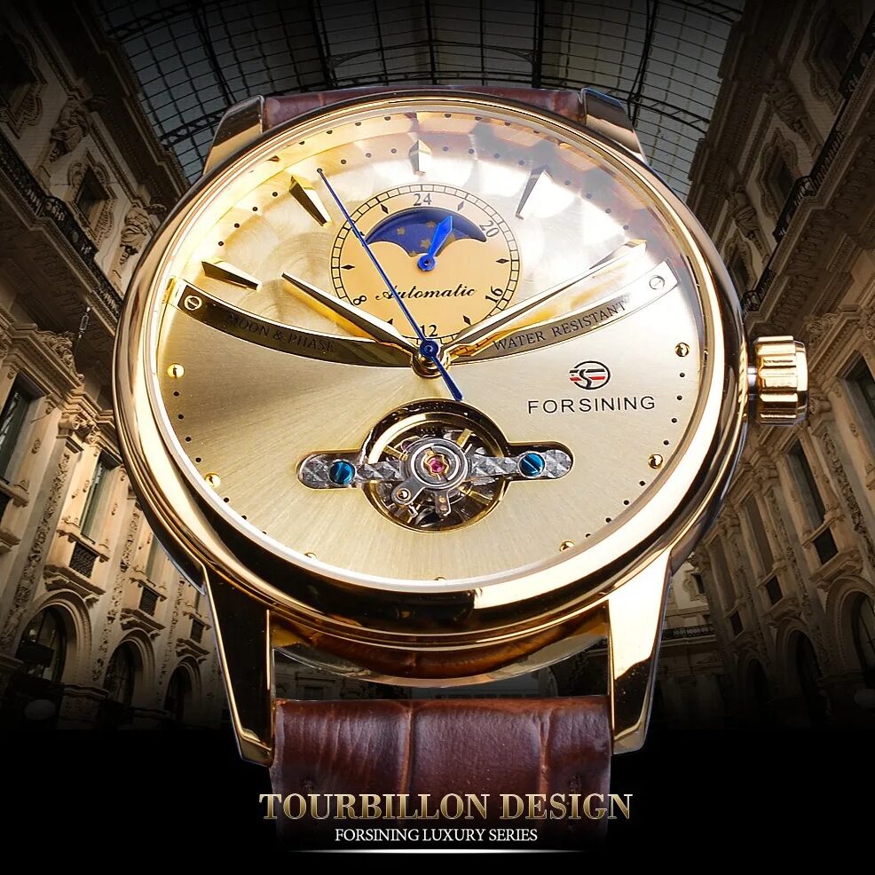 Montre Homme Automatique Tourbillon Phase de Lune Acier Cuir Curved Line Classe – Image 7