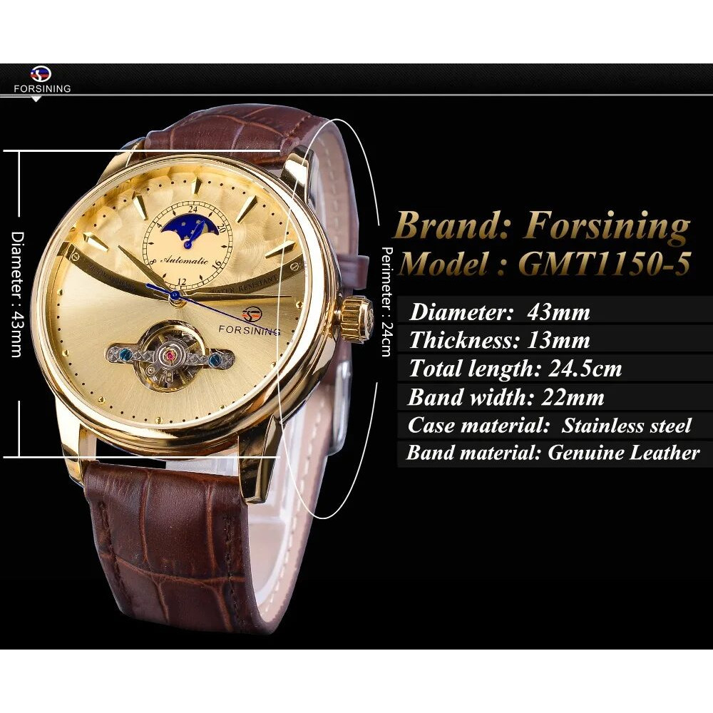 Montre Homme Automatique Tourbillon Phase de Lune Acier Cuir Curved Line Classe – Image 10