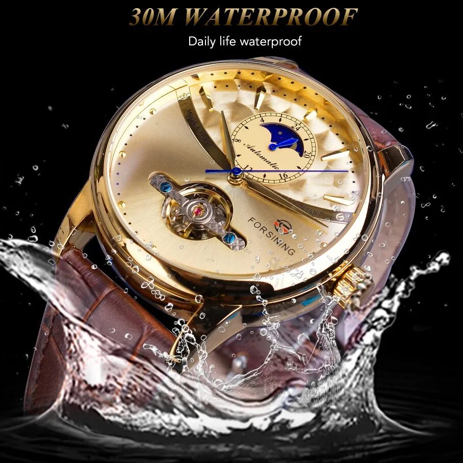Montre Homme Automatique Tourbillon Phase de Lune Acier Cuir Curved Line Classe – Image 8