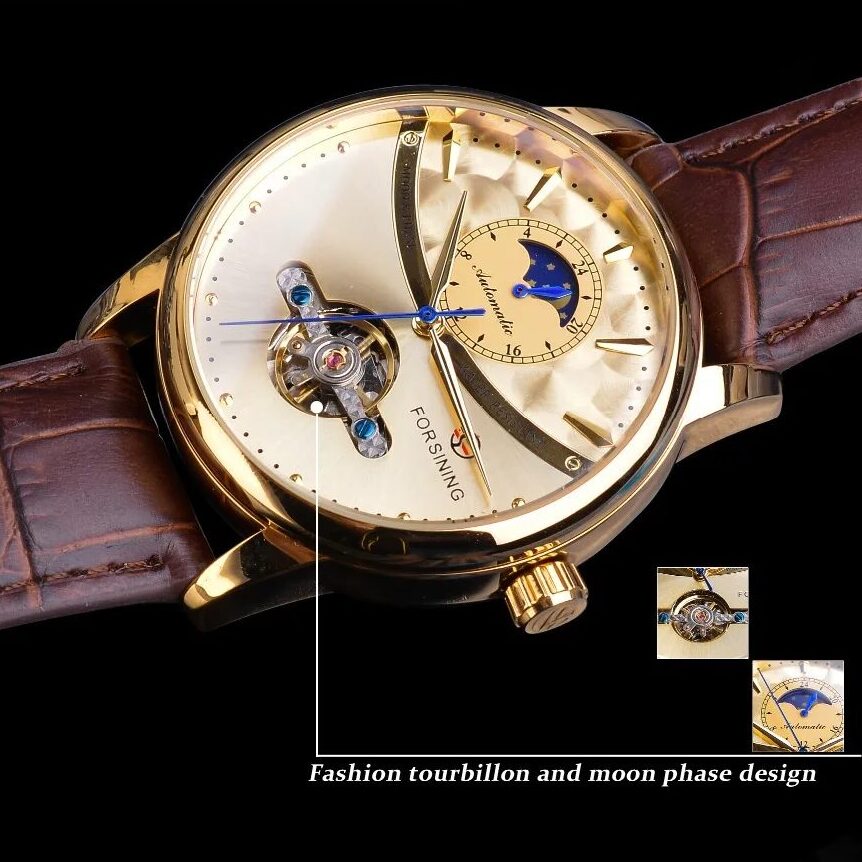 Montre Homme Automatique Tourbillon Phase de Lune Acier Cuir Curved Line Classe – Image 9