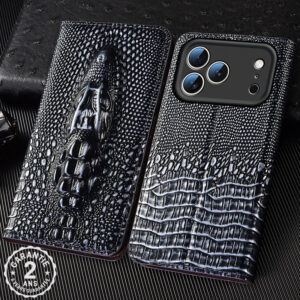Coque Rabat iPhone 17 16 15 14 13 12 11 Plus Pro Max XR XS Cuir Tête Crocodile