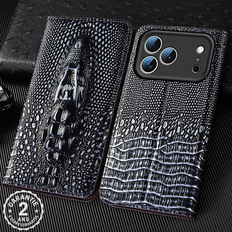 Coque Rabat iPhone 17 16 15 14 13 12 11 Plus Pro Max XR XS Cuir Tête Crocodile